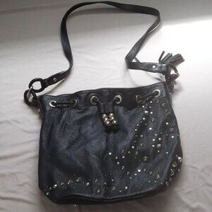Charles David Black Soft Studded Leather Snap Closure Bucket Crossbody Handbag
